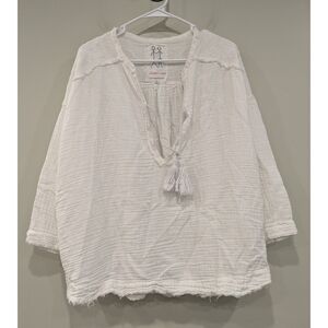 Johnny Was White Cotton Embroidered Pocket Tunic Top Size Small